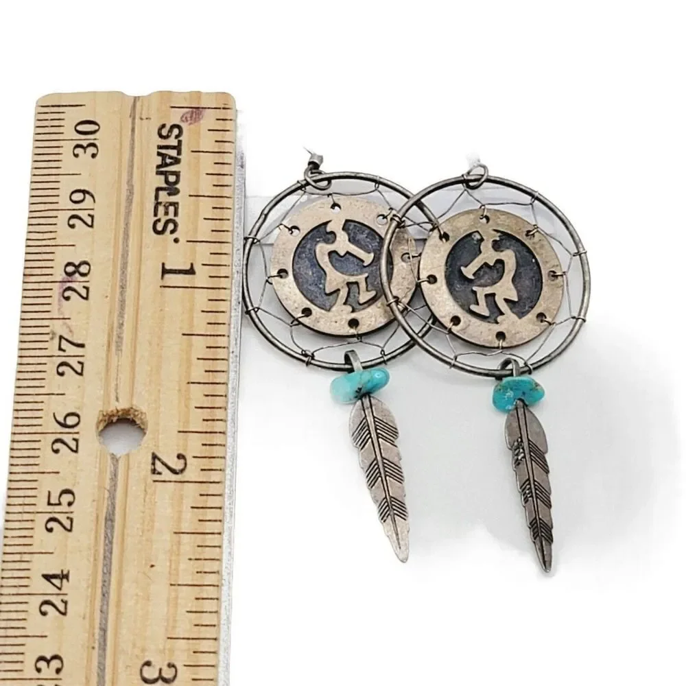 Vtg Navajo Kokopelli Sterling Silver Dream Catcher Earrings‎ with Turquoise